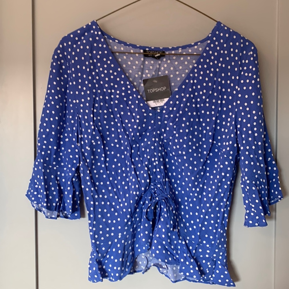 Topshop Blue and White Polka Dot Crop Top Size 4 NWT